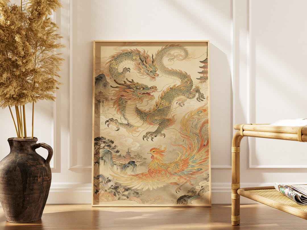 Japanese Dragon and Phoenix Art Print - Traditional Mythology Wall ...