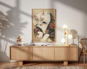 Ukiyo-e Cat Art Print with Fish | Japanese Kabuki Painting | Vintage Samurai Cat Poster |