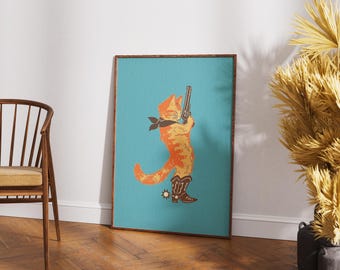 Whimsical Cowboy Cat Print – Vintage Western Wall Art,  Bedroom or Nursery