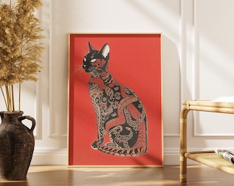 Impresión artística de gato negro con tatuaje retro: decoración de pared de inspiración japonesa