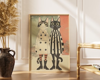 Lámina de gato vintage: arte felino caprichoso con gabardinas