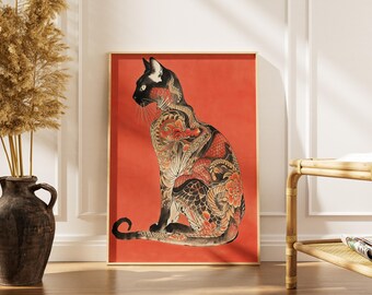 Impresión artística de gato tatuado: póster decorativo de estilo japonés