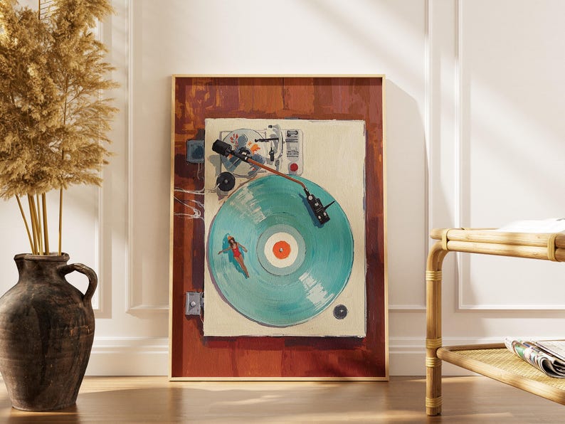 Vintage Turntable Art, Vinyl Record Painting, Music Lover Wall Decor image 1
