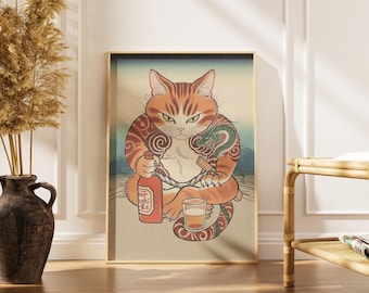 Impresión artística de gato tatuado: póster decorativo de estilo japonés