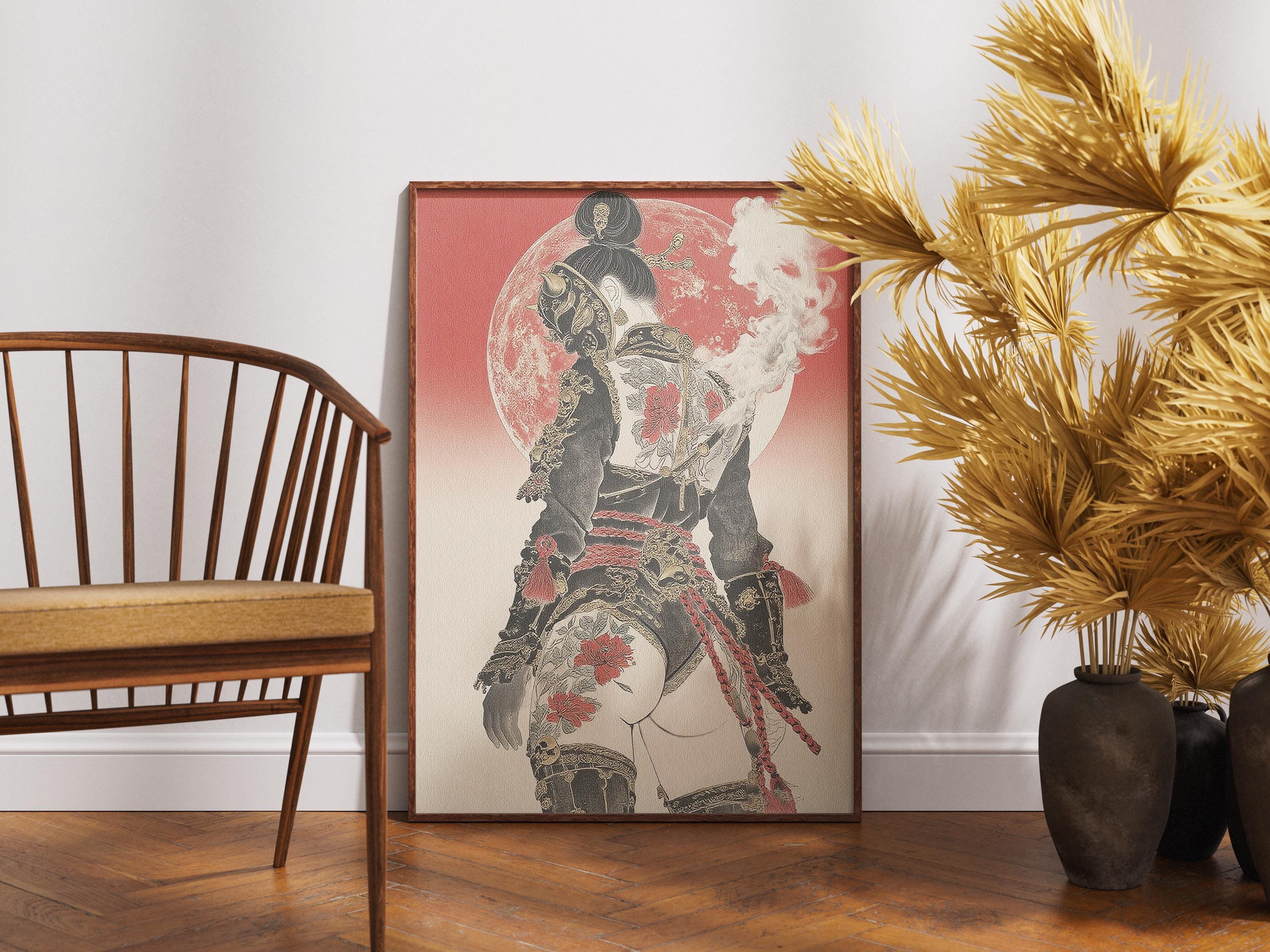 Japanese Female Samurai Art Print - Red Moon Warrior Poster - Etsy