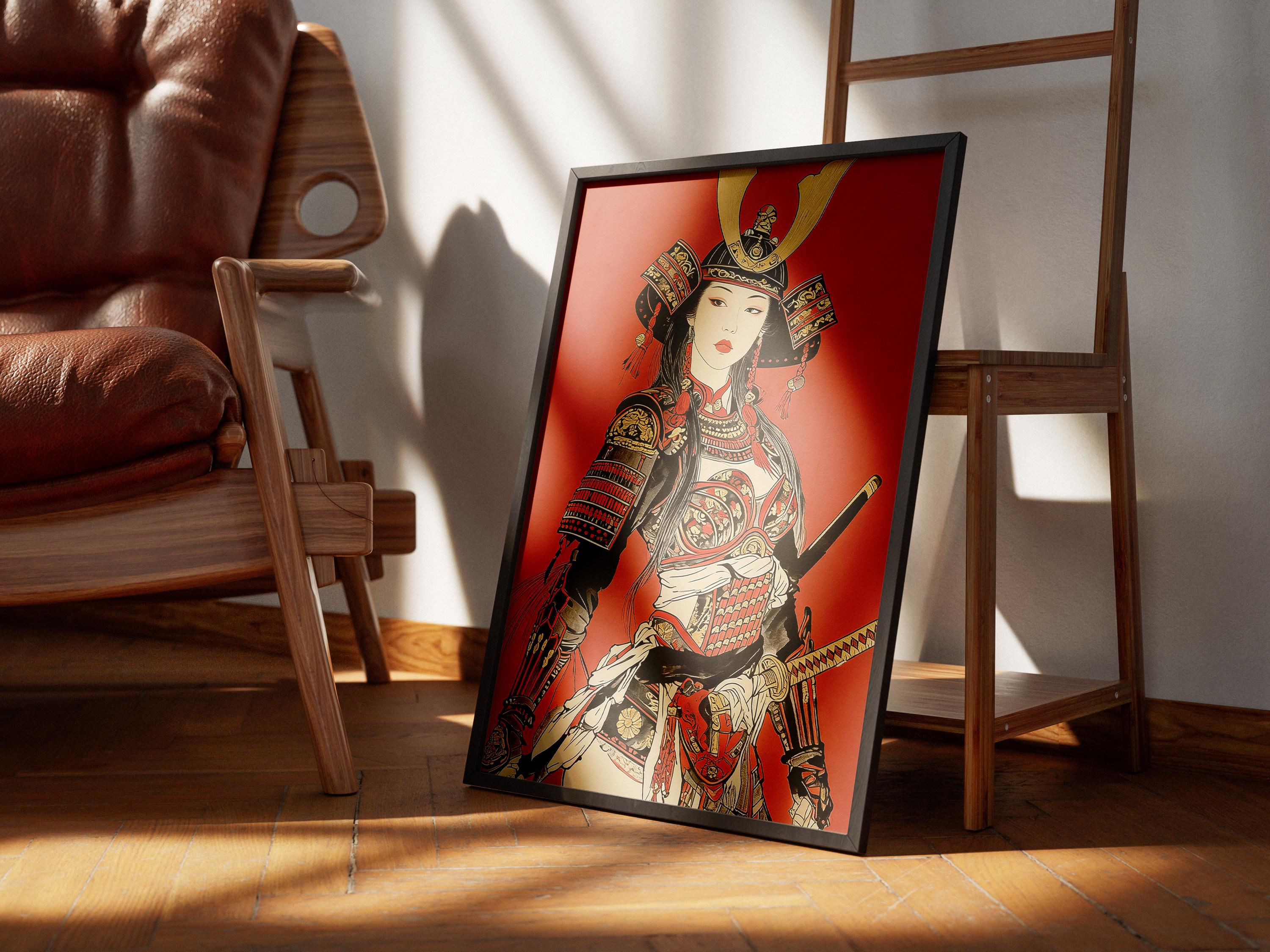 Japanese Samurai Woman Armor Poster - Traditional Red Warrior Wall Art ...