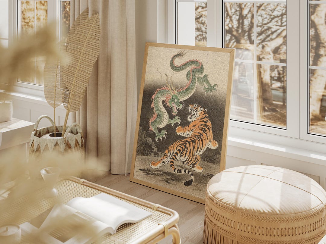 Japanese Vintage Dragon & Tiger Poster – Mythical Battle Wall Art - Etsy