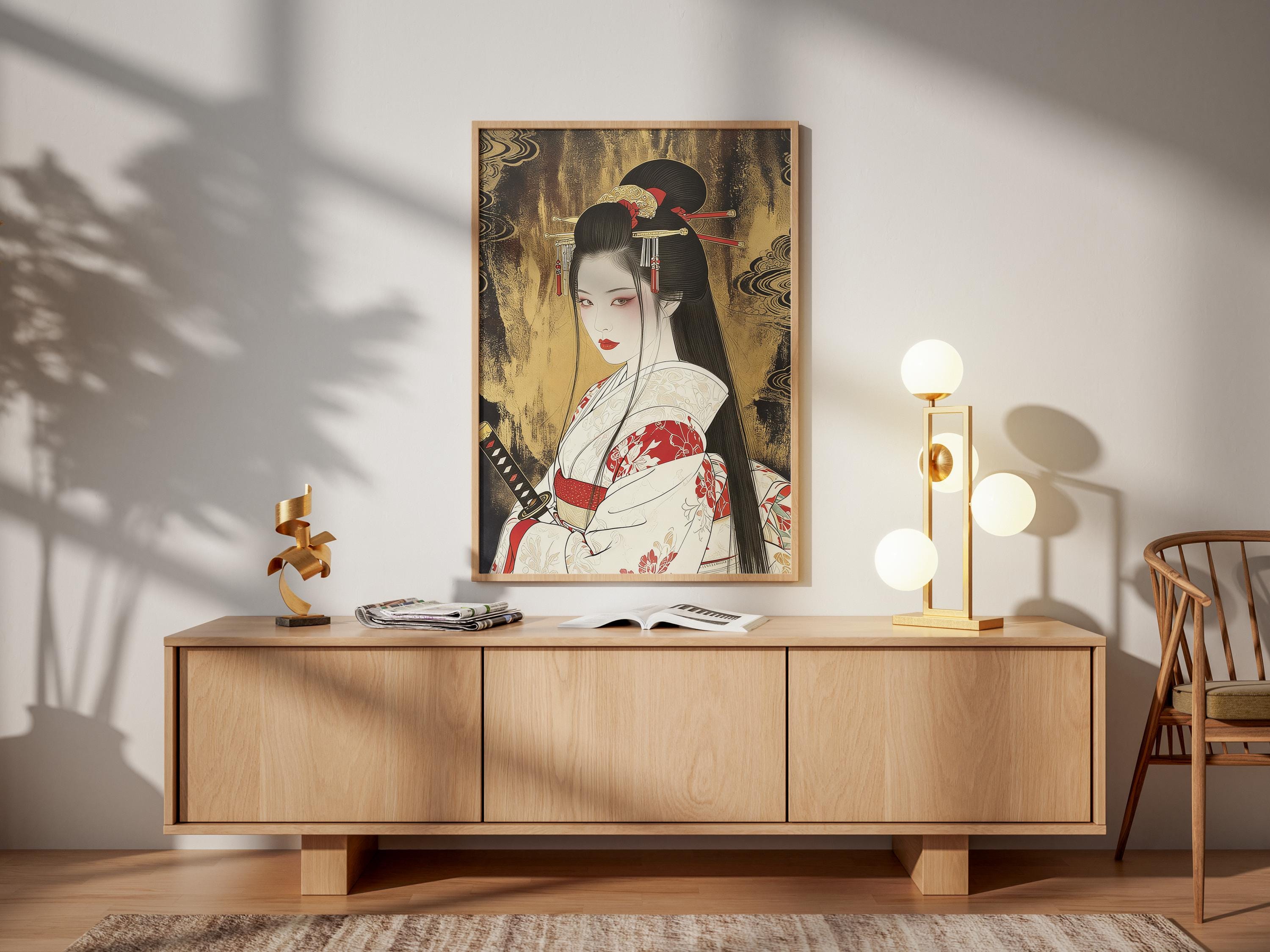 Gold Japanese Geisha Warrior Art Print - Traditional Ukiyo-e Samurai ...