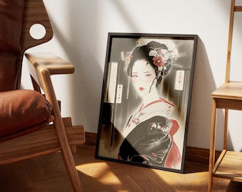 Elegante lámina de geisha: arte mural inspirado en el Ukiyo-e japonés.