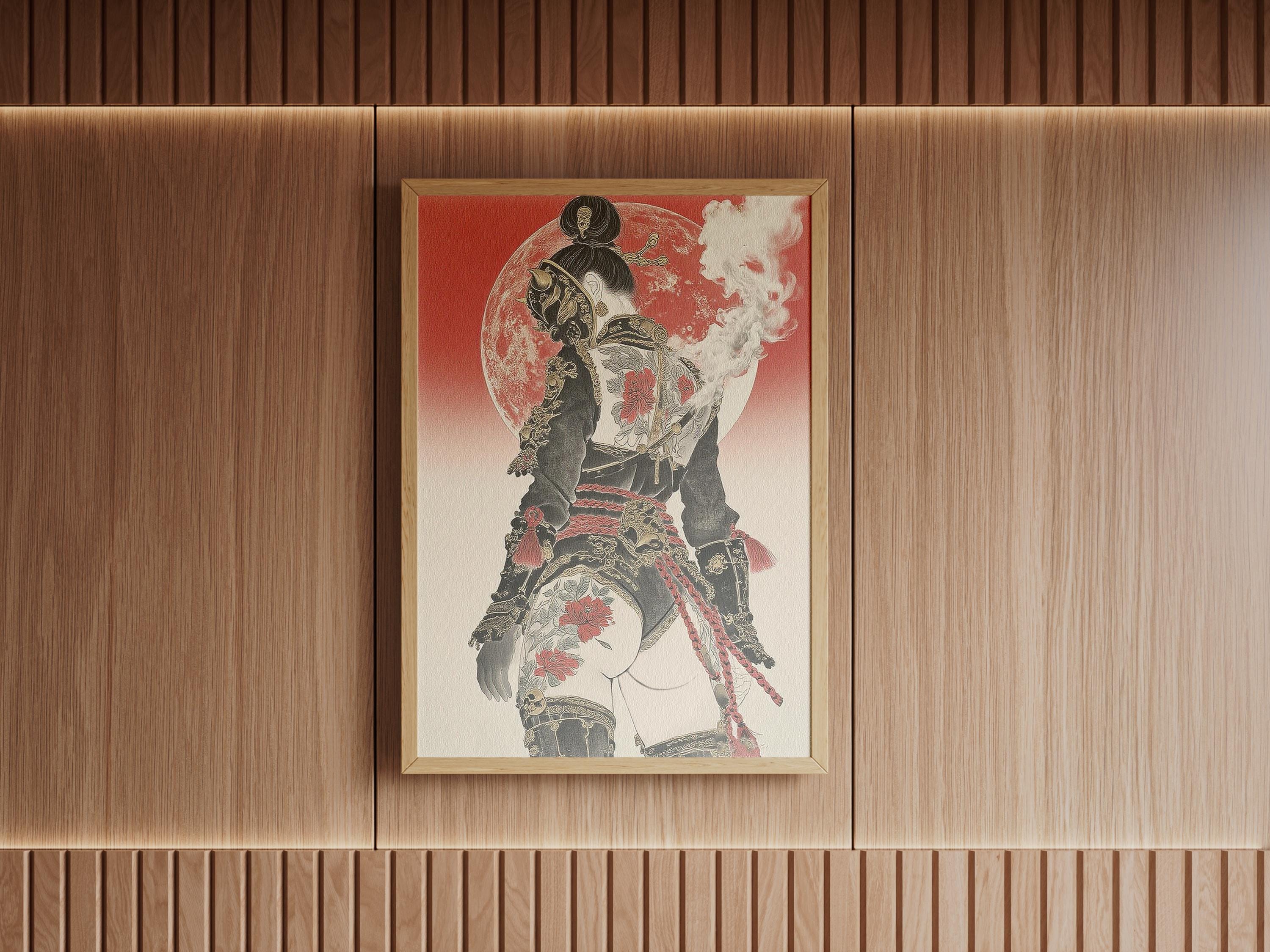 Japanese Female Samurai Art Print - Red Moon Warrior Poster - Etsy