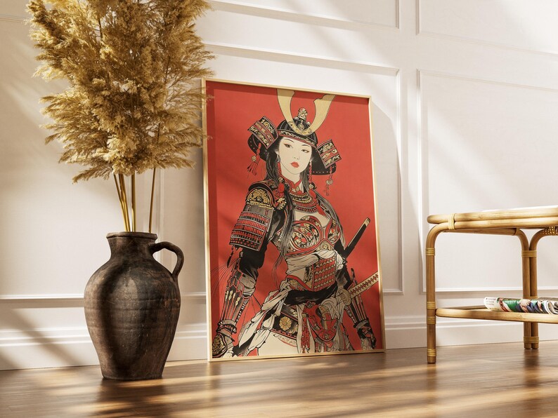 Japanese Samurai Woman Armor Poster - Traditional Red Warrior Wall Art ...