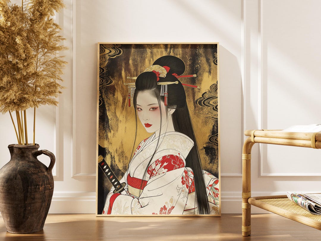 Gold Japanese Geisha Warrior Art Print - Traditional Ukiyo-e Samurai ...