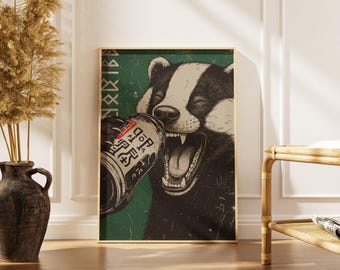 Póster de tejón bebiendo miel, divertido arte mural de animales, impresión física para regalo