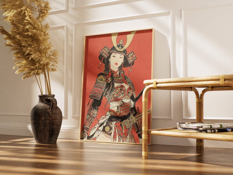 Japanese Samurai Woman Armor Poster - Traditional Red Warrior Wall Art ...