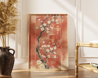Cherry Blossom Wall Art – Chinese Lantern Floral Poster – Asian Minimalist Home Decor