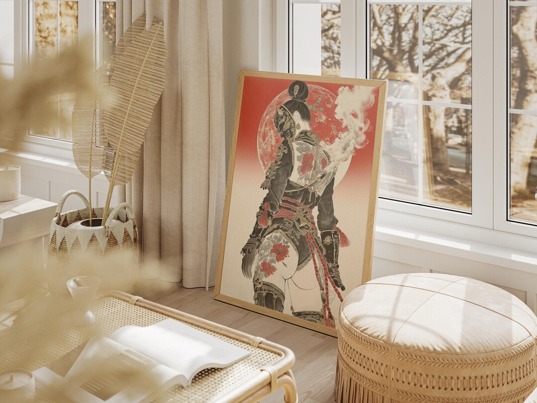 Japanese Female Samurai Art Print - Red Moon Warrior Poster - Etsy