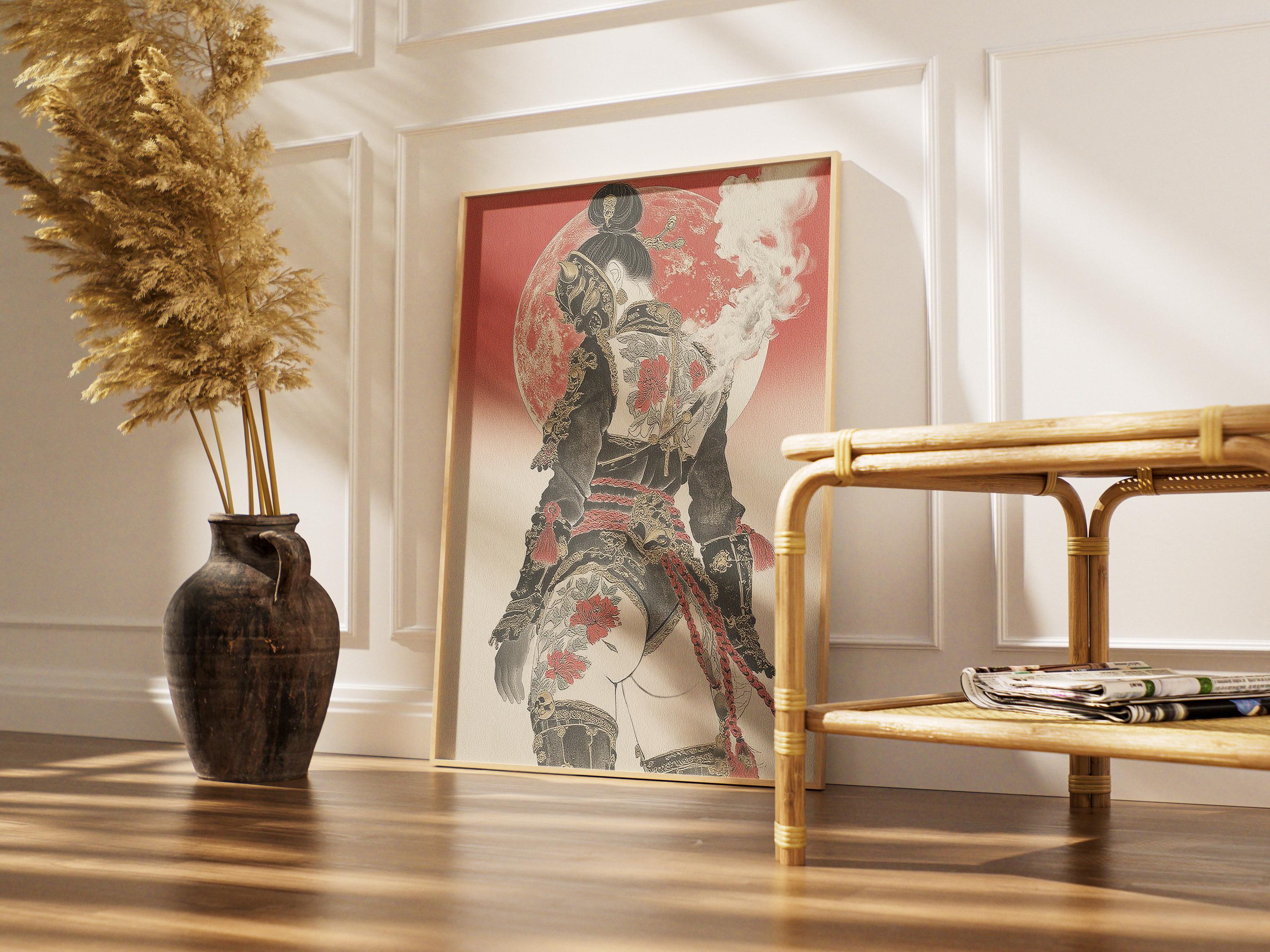 Japanese Female Samurai Art Print - Red Moon Warrior Poster - Etsy