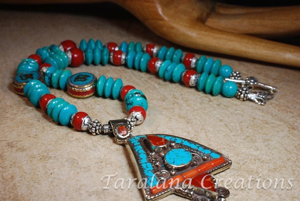 Tibetan Vintage Turquoise & Coral Inlay Large Two-Tone Metal Pendant #2