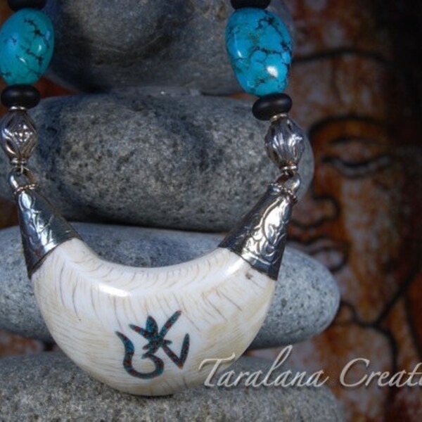 Tibetan Naga Conch Shell with inlay Turquoise Pendant Necklace