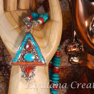 Tibetan Inlay Turquoise and Coral Pendant Necklace with Turquoise and Coral beads