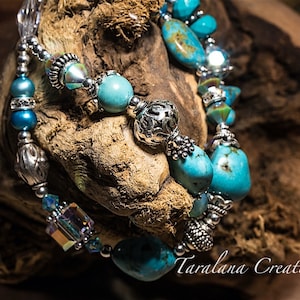 Sterling Silver and Turquoise Double Stranded Bracelet with Swarovski Crystals and a Crystal Button Clasp