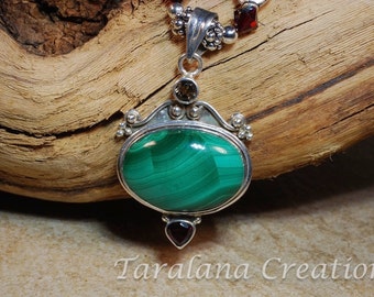 Malachite Pendant Necklace with Sterling Silver and Swarovski Crystal Beads