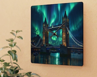 Northern Lights London Tower Bridge Acrylic Clock | Night Sky Wall Clock