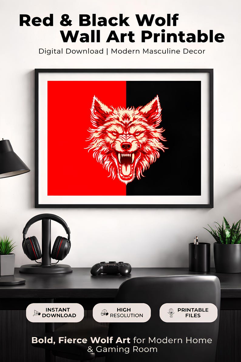 Red & Black Wolf Wall Art Printable, Fierce Wolf Head Digital Download ...