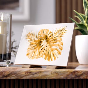 Golden Monstera Leaves Ceramic Photo Tile | Tropical Wall Art