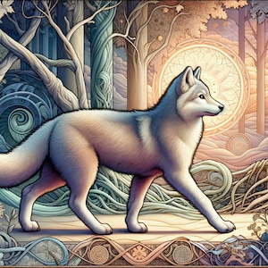 Arte mural digital de lobo místico / Impresión de animales del bosque iluminado por la luna / Decoración para habitación infantil / Colección Mythical Realms / Arte mágico del bosque