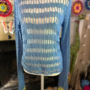 Blue Crochet Tunic Top | Handmade Boho Beachwear | Flower Power Sleeve Trim | Seaside Layering Top | All Season Festival Tunic