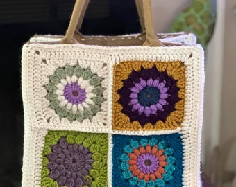 Boho Crochet Granny Square Tote Market Bag