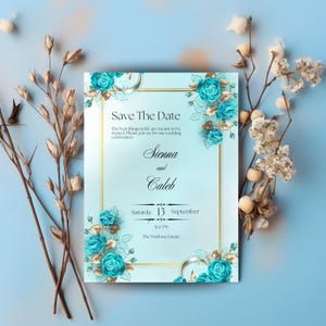 Invitación floral azul para guardar la fecha – Invitación digital de boda – Anuncio de boda elegante – Plantilla imprimible para guardar la fecha