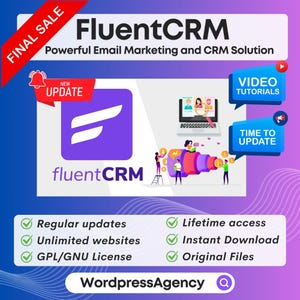 Könnte beinhalten: Ein lila und weißes Logo für FluentCRM, eine leistungsstarke E-Mail-Marketing- und CRM-Lösung. Das Logo zeigt einen stilisierten Buchstaben F. Das Bild enthält auch einen Computerbildschirm mit einem Video-Tutorial, ein Megaphon mit dem Text "Time to Update" und eine Liste von Funktionen, darunter regelmäßige Updates, unbegrenzte Websites, GPL/GNU-Lizenz, lebenslanger Zugriff, sofortiger Download und Originaldateien.