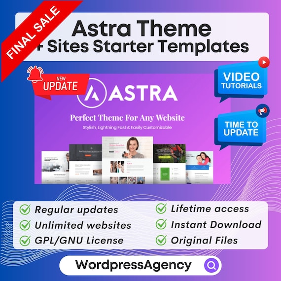 Astra Pro + Premium Sites Starter Templates | 300+ Designer Made Website Templates, Wordpress plugins, Lifetime Updates, Latest Version