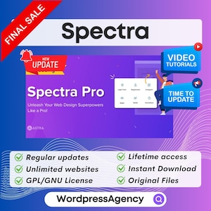 May include: A pink and purple graphic with the text "Spectra Pro" and "Unleash Your Web Design Superpowers Like a Pro!"  The graphic also includes a bell icon with the text "New Update" and a checkmark icon with the text "Regular updates".
