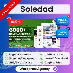 Puede incluir: Gráfico promocional para "Soledad" con una pancarta roja "FINAL SALE". La imagen destaca "6000+ Homepage Demos" y "220+ Pre-Built Websites". El texto adicional incluye "Video Tutorials" y "Time to Update."