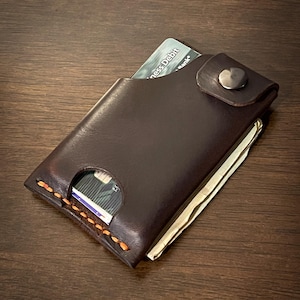 Mini billetera de cuero para hombre / Cartera delgada de cuero italiano de grano completo vegetal tostado con bolsillos a presión y traseros delanteros