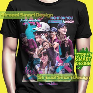 May include: Black t-shirt featuring a collage of images of a woman playing golf, with the text "American actress" and "Fight on You Actress & Maroon". The design includes the name "Jessica Alba" and the words "Golfer" and "Street Smart Design".