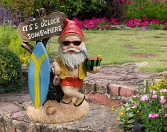 Funny Beach Gnome Statue–"It's 5 O'Clock Somewhere" Surfboard & Cocktail Garden Decor Tiki Bar Ornament for Patio, Lawn, or Beach House Gift