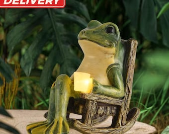 Solar Frog Garden Statue – Miniature Resin Frog Figurine with Light – Outdoor Patio Yard Lawn Decor – Funny Housewarming Gift Ornament 3.9in