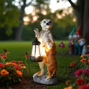 Solar-Powered Meerkat Garden Statue with Lantern–Outdoor Resin Animal Sculpture for Yard, Patio, Lawn, or Balcony Decor – Weatherproof Light