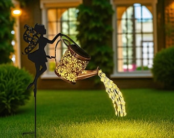 Solar Watering Can Fairy Lights | Warm White LED Garden Waterfall Lamp | Outdoor Solar Kettle Light for Patio, Lawn Decor | 84cm Metal Stake