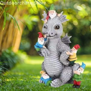 Dragon Gnome Garden Statue–Resin Outdoor Figurine for Yard,Patio, Lawn Decor–Mythical Gnome Dragon Sculpture, Weatherproof Fantasy Ornament