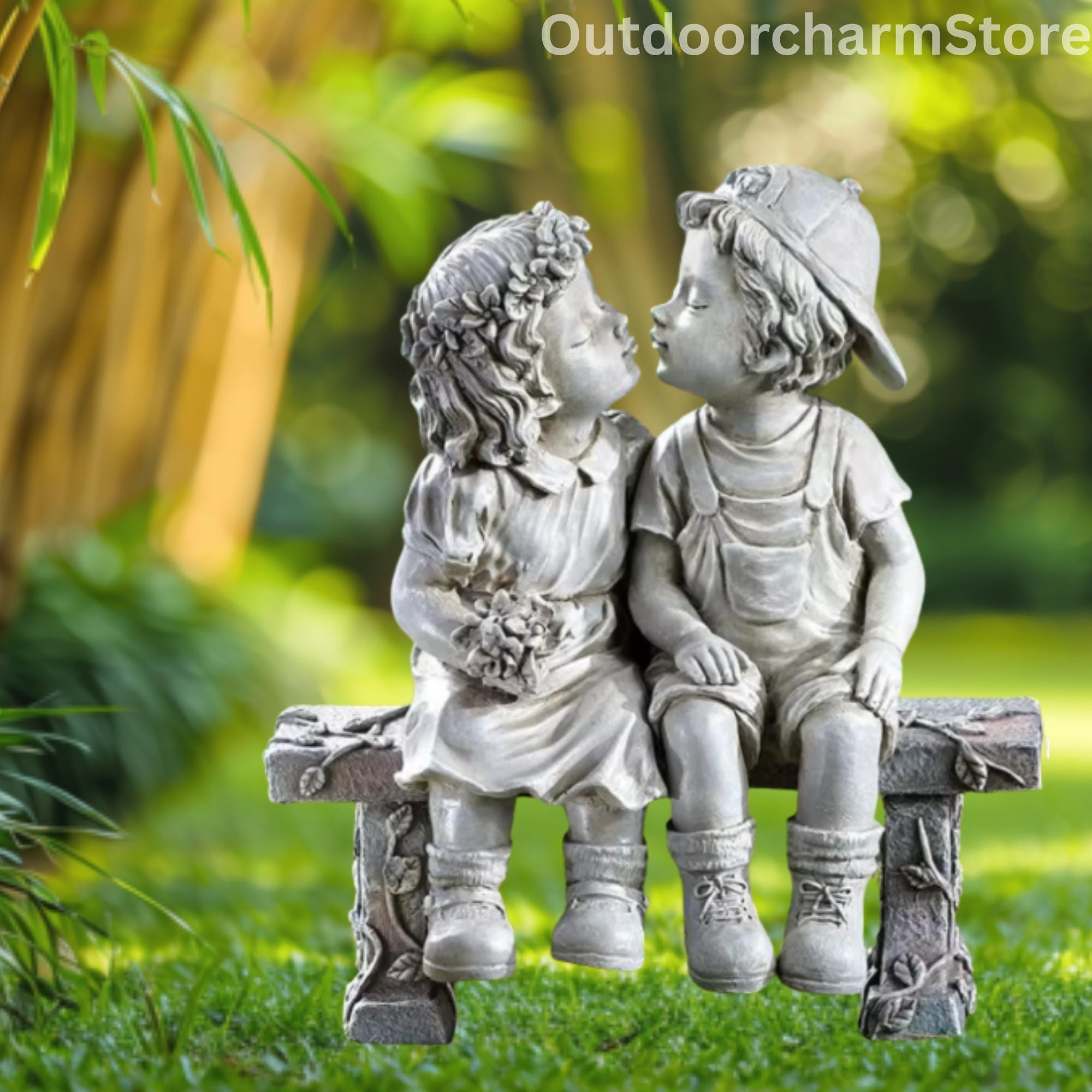 Sitting Immortal Statue – Resin Ornament of Little Boy & Girl Kiss – Grey Porch Sculpture, Garden Courtyard Crafts, Romantic Home Decor
