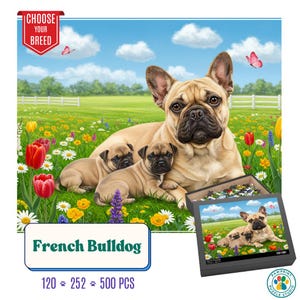 Rompecabezas de bulldog francés / Mamá y cachorros en un jardín de primavera / Regalo para amantes de los bulldogs franceses / Rompecabezas adorable y relajante para todas las edades