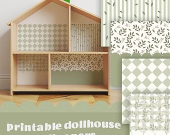 Printable Dollhouse Wallpaper Set – 4 Designs + Flisat Size | Digital Download | DIY Dollhouse Decor | Scallop | Pink plaid | Flowers