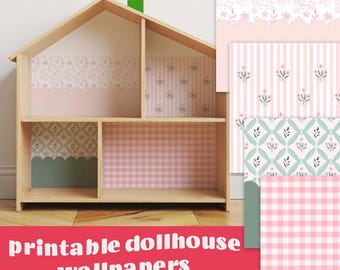 Juego de papel tapiz imprimible para casa de muñecas: 4 diseños + suelo | Descarga digital | Decoración de casa de muñecas DIY | Vieiras Cuadros rosas Flores