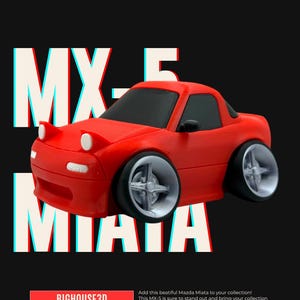 May include: A red toy car model of a Mazda Miata with pop-up headlights, black windows, and large silver wheels. The background features the text MX-5 MIATA in white with a red and blue glitch effect, and a red box labeled BIGHOUSE3D.