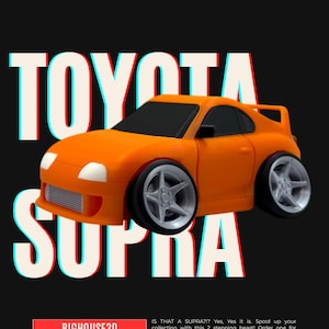 May include: Orange toy car with the text "TOYOTA SUPRA" in white with red and blue accents. The car has silver wheels and a black roof. The text "BIGHOUSE3D" is in a red rectangle.